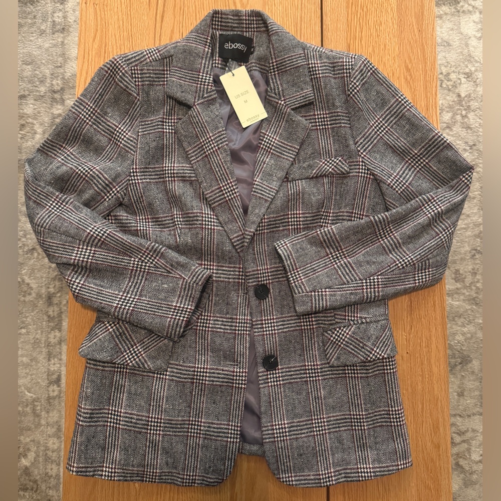 Ebossy Plaid Double Breasted Blazer Coat Jacket – Size M – New With Tags